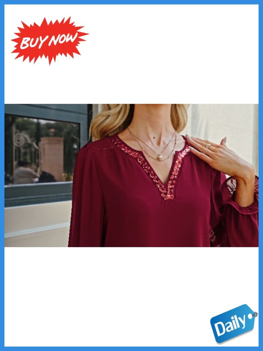 Timeson Womens Sequin V Neck Chiffon Blouse Long Sleeve Work Top - Picture 6 of 6